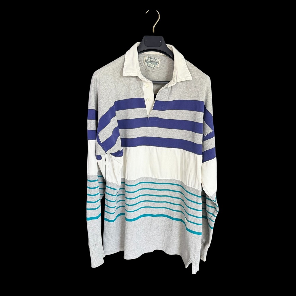 Vintage 90's Britches Mens XL Rugby Shirt Striped Gray Blue Teal Cotton